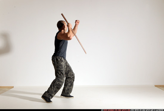 Man Adult Athletic White Fighting with sword Moving poses Casual