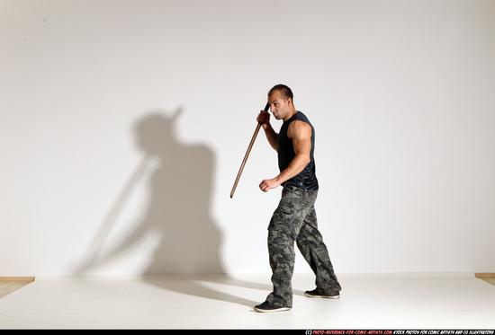 Man Adult Athletic White Fighting with sword Moving poses Casual