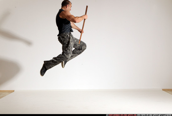 Man Adult Athletic White Fighting with sword Moving poses Casual