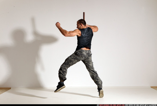 Man Adult Athletic White Fighting with sword Moving poses Casual