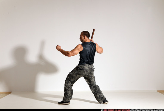 Man Adult Athletic White Fighting with sword Moving poses Casual