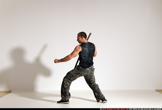 Man Adult Athletic White Fighting with sword Moving poses Casual