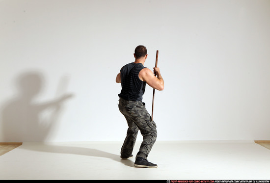 Man Adult Athletic White Fighting with sword Moving poses Casual