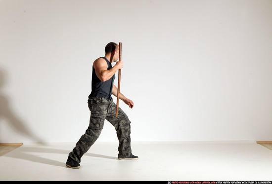 Man Adult Athletic White Fighting with sword Moving poses Casual