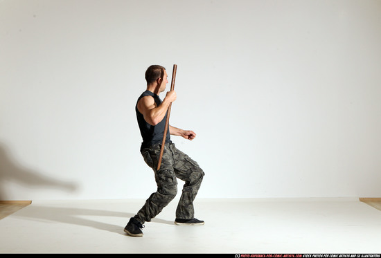 Man Adult Athletic White Fighting with sword Moving poses Casual