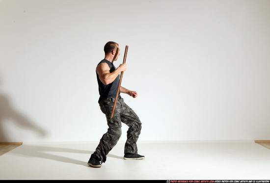 Man Adult Athletic White Fighting with sword Moving poses Casual