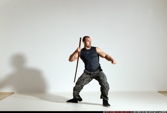 Man Adult Athletic White Fighting with sword Moving poses Casual