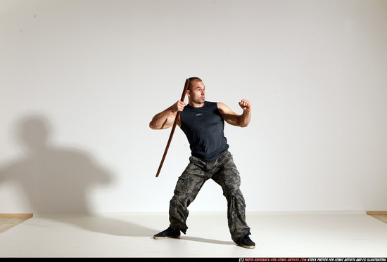 Man Adult Athletic White Fighting with sword Moving poses Casual