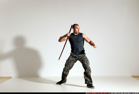 Man Adult Athletic White Fighting with sword Moving poses Casual