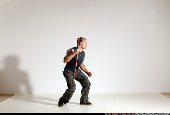 Man Adult Athletic White Fighting with sword Moving poses Casual