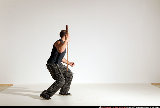 Man Adult Athletic White Fighting with sword Moving poses Casual