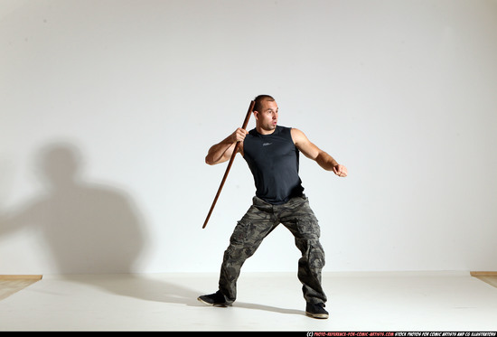 Man Adult Athletic White Fighting with sword Moving poses Casual