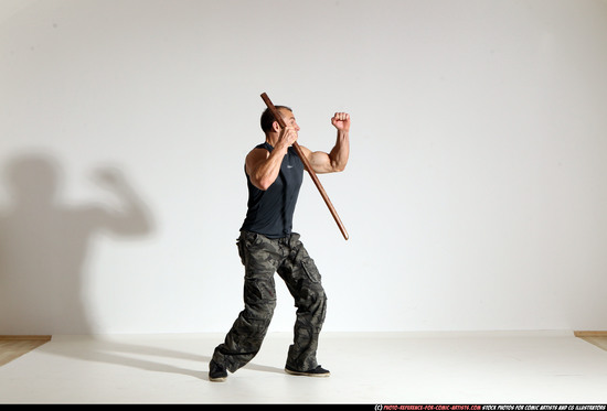 Man Adult Athletic White Fighting with sword Moving poses Casual