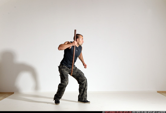 Man Adult Athletic White Fighting with sword Moving poses Casual