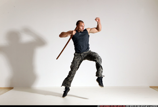 Man Adult Athletic White Fighting with sword Moving poses Casual