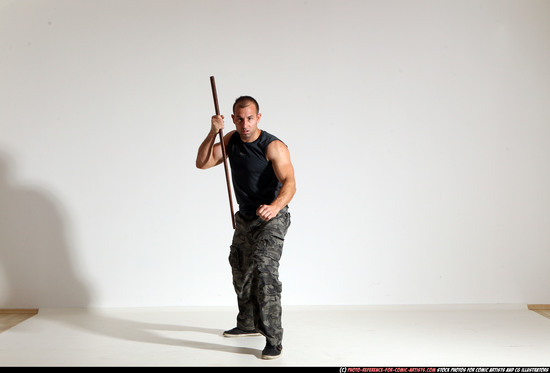 Man Adult Athletic White Fighting with sword Moving poses Casual