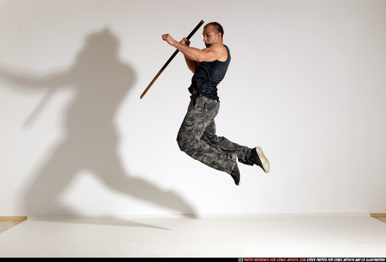 Man Adult Athletic White Fighting with sword Moving poses Casual