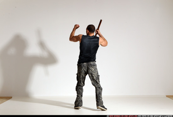 Man Adult Athletic White Fighting with sword Moving poses Casual