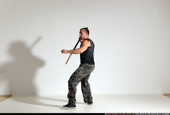 Man Adult Athletic White Fighting with sword Moving poses Casual