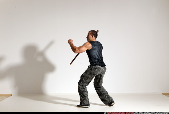 Man Adult Athletic White Fighting with sword Moving poses Casual