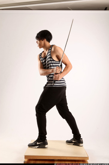 Man Young Athletic Fighting with sword Standing poses Casual Asian