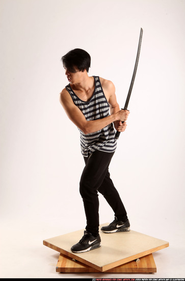 Man Young Athletic Fighting with sword Standing poses Casual Asian