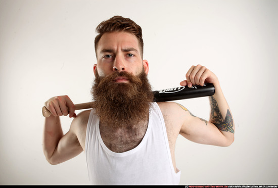 Man Adult Athletic White Standing poses Casual Fighting with bat