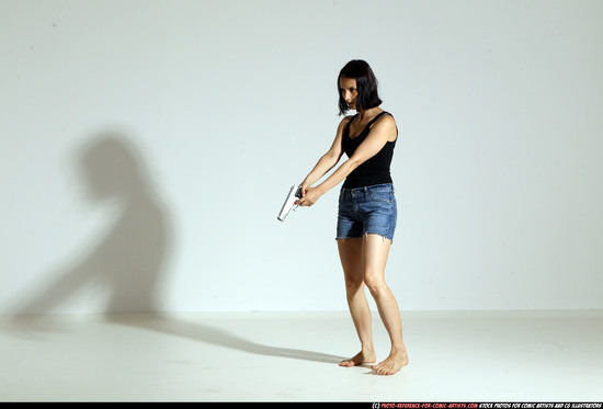 Woman Young Athletic White Fighting with gun Moving poses Casual