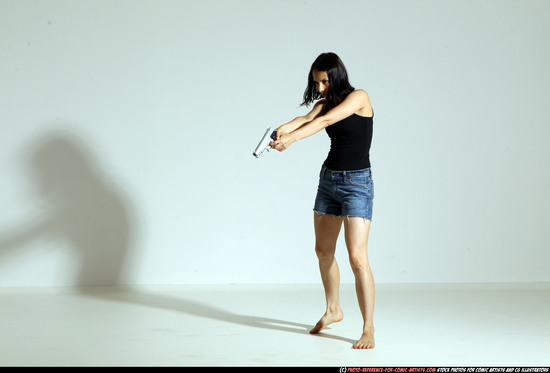 Woman Young Athletic White Fighting with gun Moving poses Casual