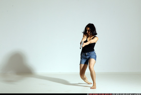 Woman Young Athletic White Fighting with gun Moving poses Casual