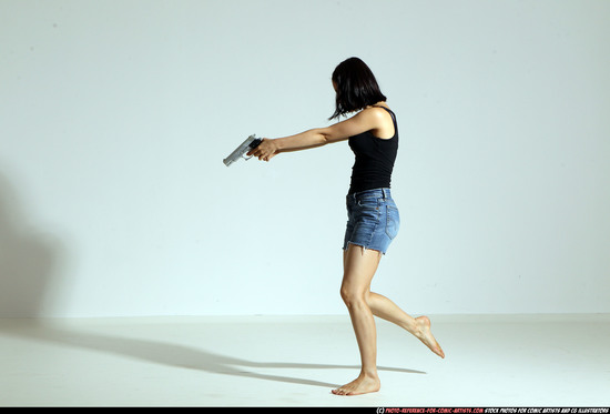 Woman Young Athletic White Fighting with gun Moving poses Casual