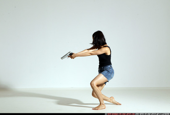 Woman Young Athletic White Fighting with gun Moving poses Casual