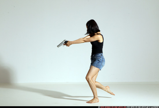 Woman Young Athletic White Fighting with gun Moving poses Casual