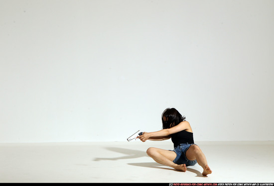 Woman Young Athletic White Fighting with gun Moving poses Casual