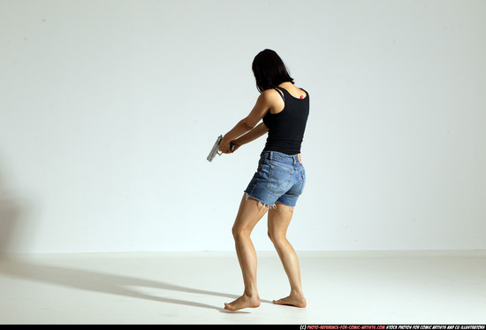 Woman Young Athletic White Fighting with gun Moving poses Casual