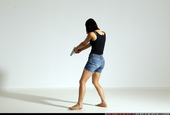 Woman Young Athletic White Fighting with gun Moving poses Casual