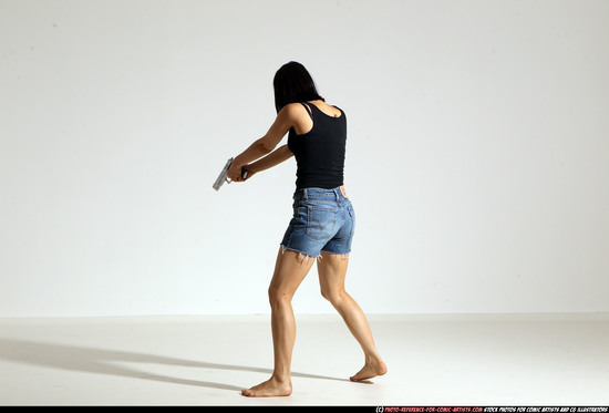 Woman Young Athletic White Fighting with gun Moving poses Casual