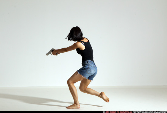 Woman Young Athletic White Fighting with gun Moving poses Casual