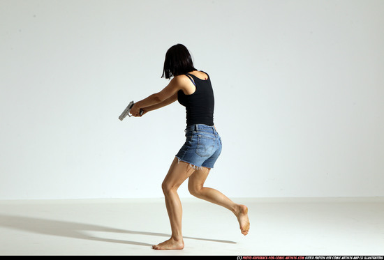 Woman Young Athletic White Fighting with gun Moving poses Casual