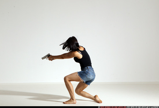 Woman Young Athletic White Fighting with gun Moving poses Casual