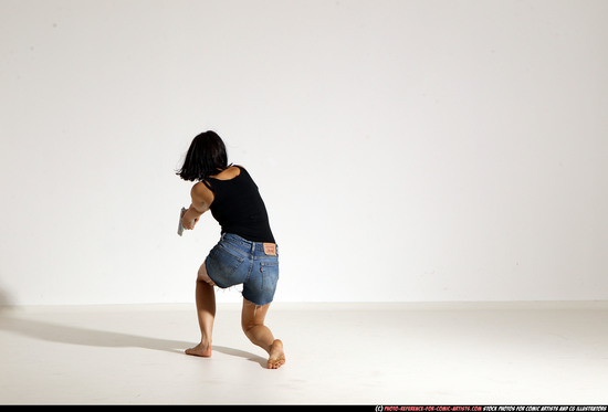 Woman Young Athletic White Fighting with gun Moving poses Casual