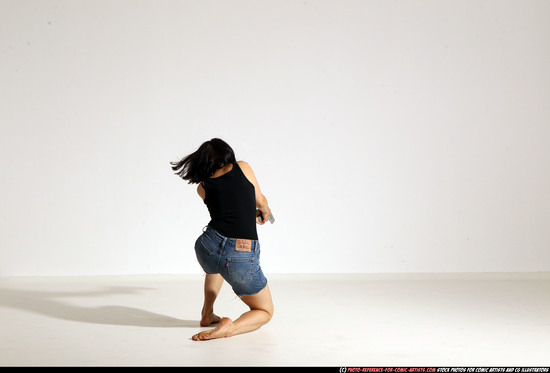 Woman Young Athletic White Fighting with gun Moving poses Casual