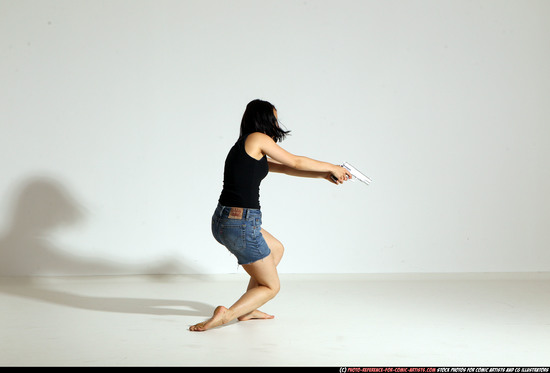 Woman Young Athletic White Fighting with gun Moving poses Casual