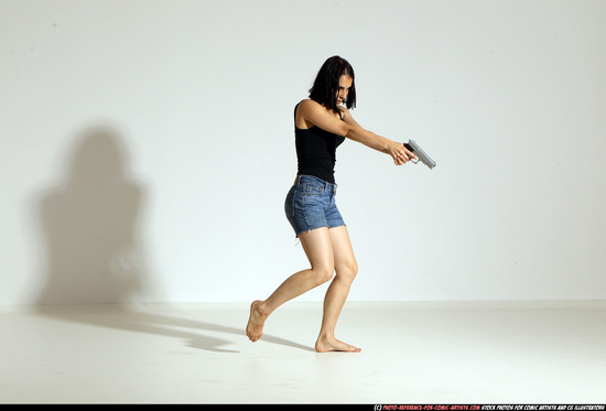 Woman Young Athletic White Fighting with gun Moving poses Casual