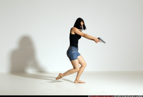 Woman Young Athletic White Fighting with gun Moving poses Casual