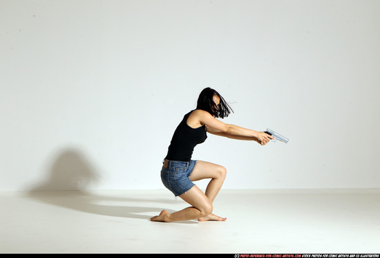 Woman Young Athletic White Fighting with gun Moving poses Casual