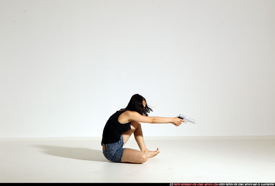 Woman Young Athletic White Fighting with gun Moving poses Casual