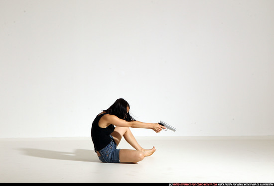 Woman Young Athletic White Fighting with gun Moving poses Casual