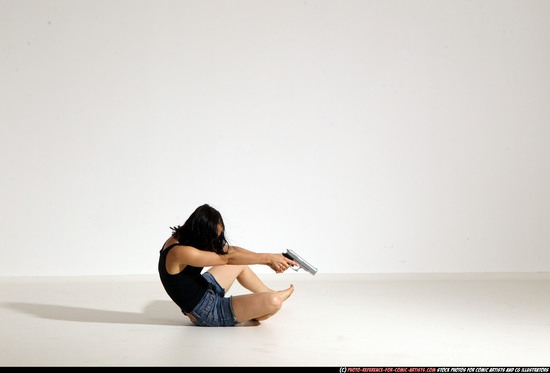 Woman Young Athletic White Fighting with gun Moving poses Casual