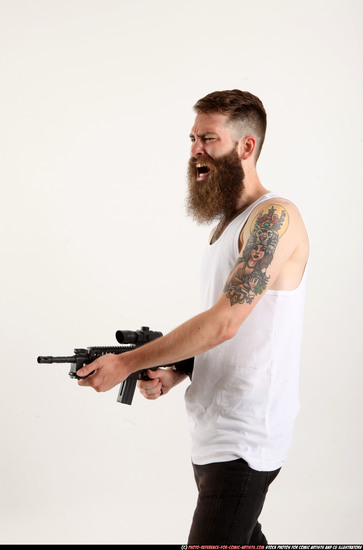 Man Adult Athletic White Fighting with submachine gun Standing poses Sportswear